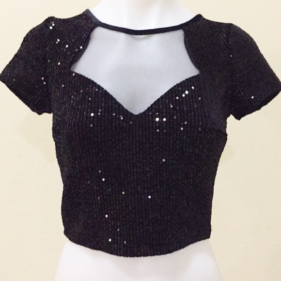 olive tree Tops - Olive Tree Black sequins & velvet cropped top